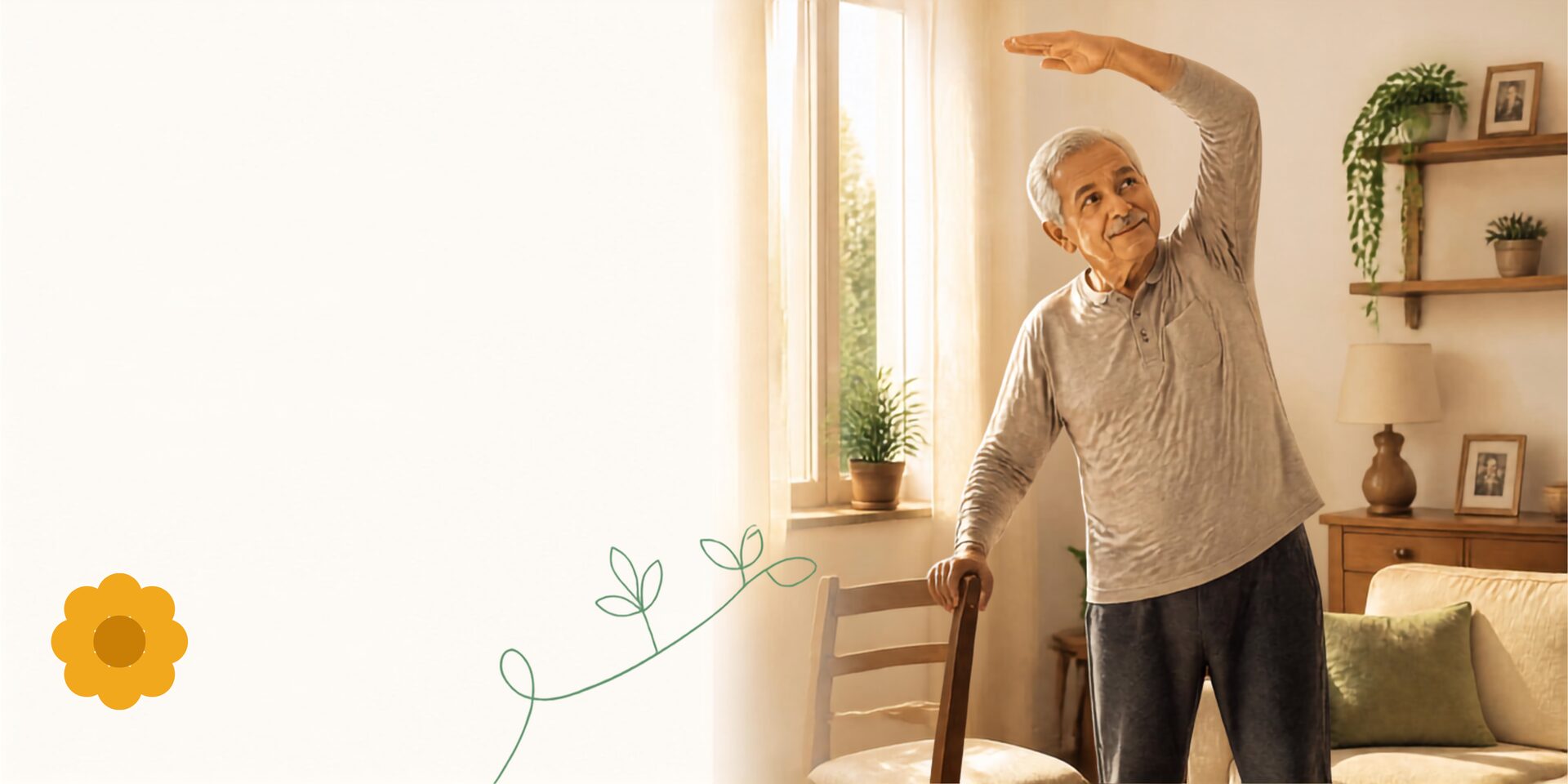 Pareja de adultos mayores haciendo ejercicios suaves en el living de su casa
