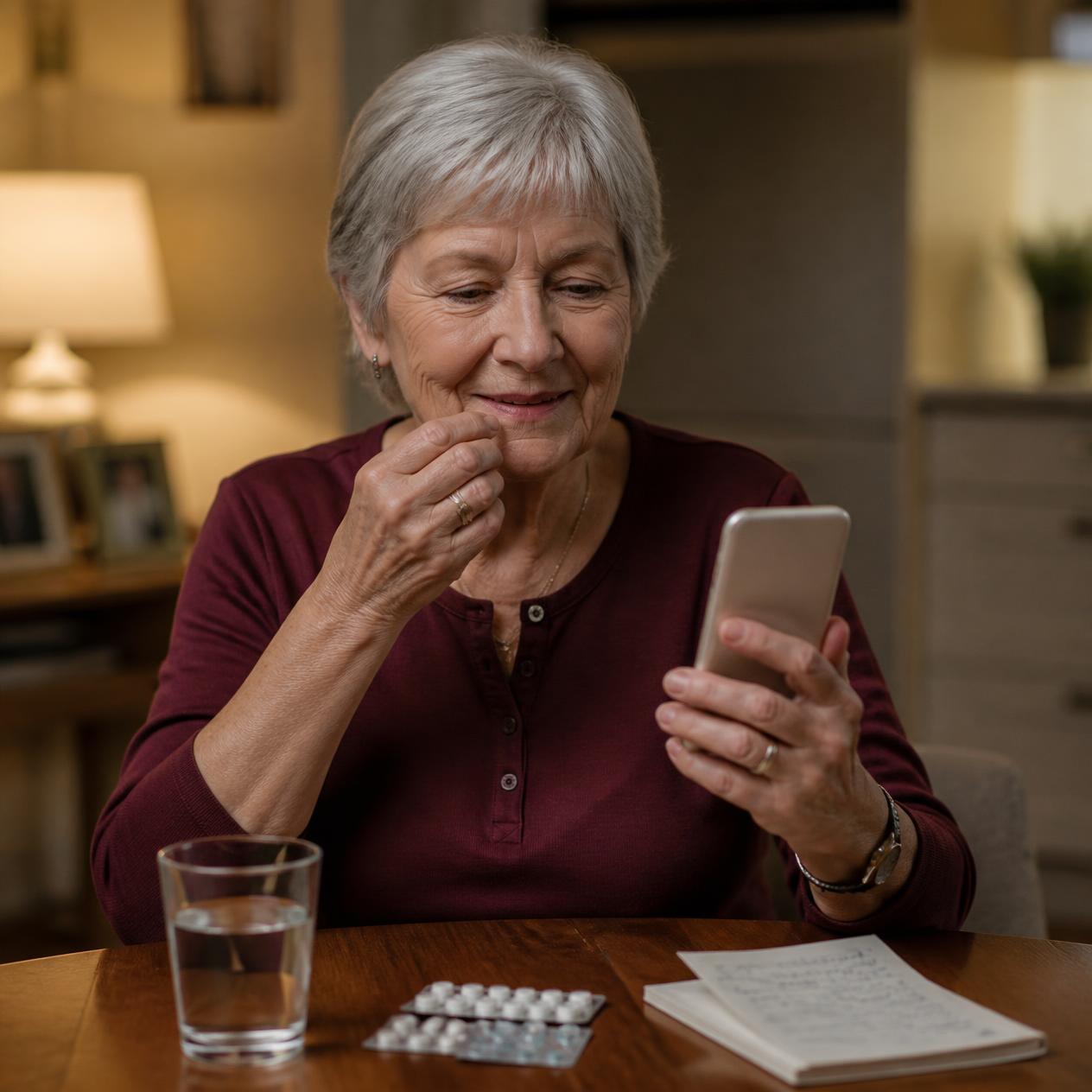 Señora mayor mirando su celular, a punto de tomar su medicación