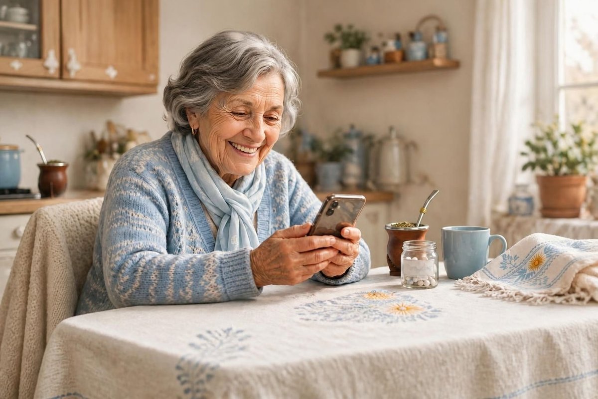 Una señora mayor sonríe mirando su celular en la cocina, con un mate y su frasco de remedios